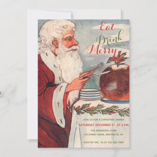 Eat Drink  Be Merry Santa Christmas Pudding Party Invitation