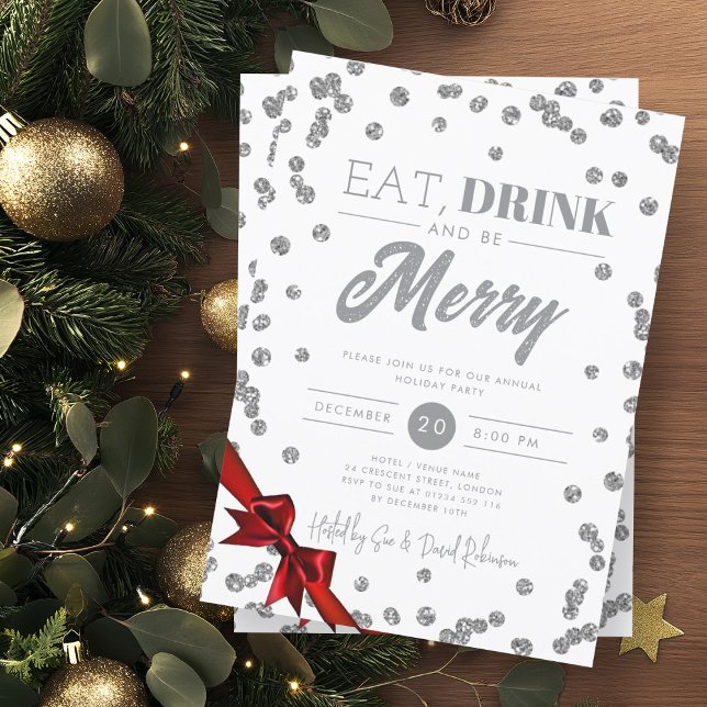 Eat, Drink Be Merry Silver Glitter Xmas Ribbon  Invitation (Creator Uploaded)