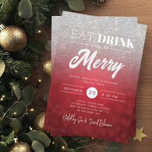 Eat, Drink Be Merry Silver Red Bokeh Holiday Xmas Invitation