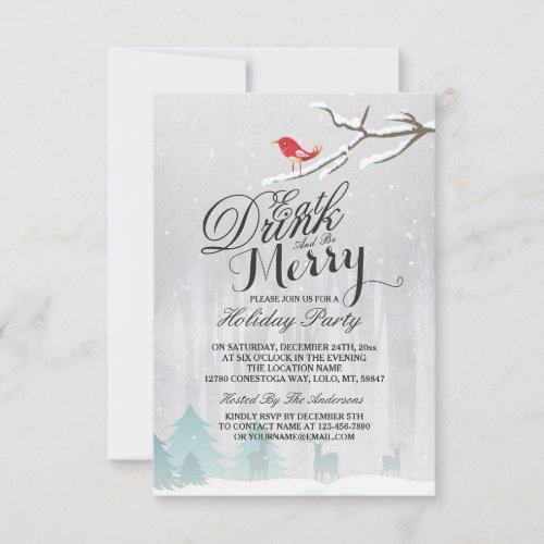 Eat Drink  Be Merry Snow Deer Bird Holiday Party Invitation