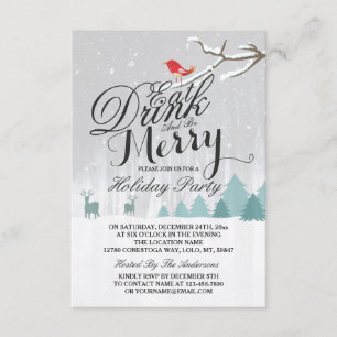Eat Drink & Be Merry Snow Deer Bird Holiday Party Invitation