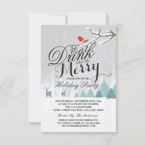 Eat Drink  Be Merry Snow Deer Bird Holiday Party Invitation