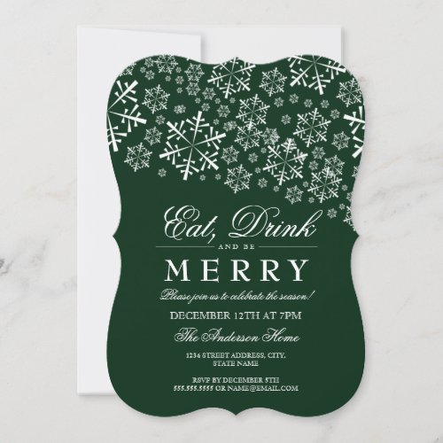 Eat Drink Be Merry Snowflake Green Christmas Party Invitation