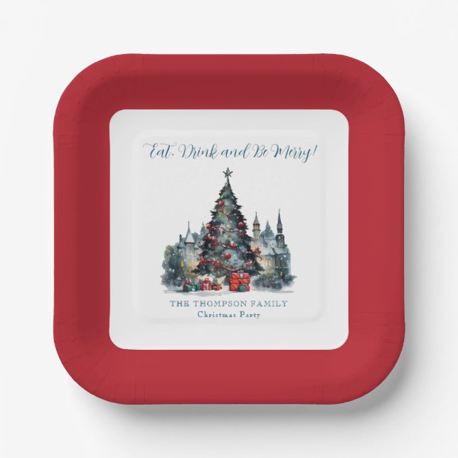 Eat Drink Be Merry Traditional Scene Christmas Paper Plates (Front)