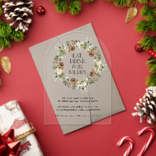 Eat Drink Be Merry Watercolor Wreath Holiday Party Acrylic Invitations