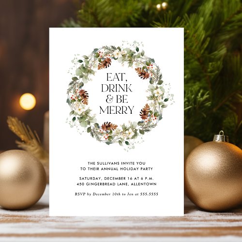 Eat Drink Be Merry Watercolor Wreath Holiday Party Invitation