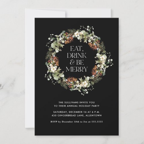 Eat Drink Be Merry Watercolor Wreath Holiday Party Invitation