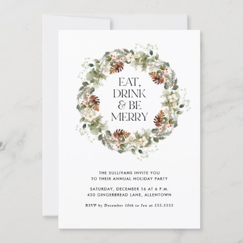Eat Drink Be Merry Watercolor Wreath Holiday Party Invitation
