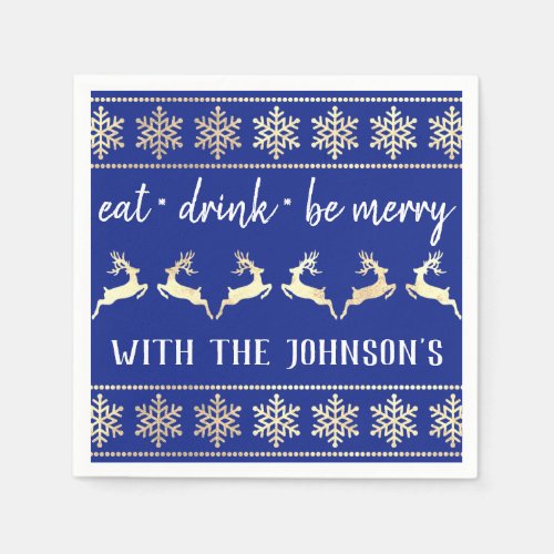 Eat Drink Be Merry White Gold Reindeer Blue Indigo Napkins