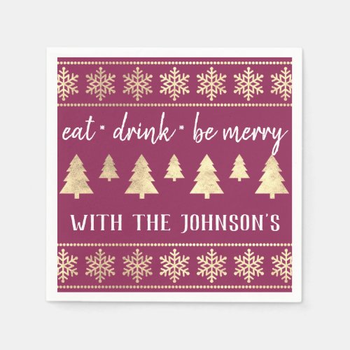 Eat Drink Be Merry White Gold Snowflakes Fuchsia Napkins