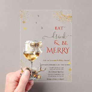 Eat Drink & Be Merry Wine Glass Bow Acrylic Invitations