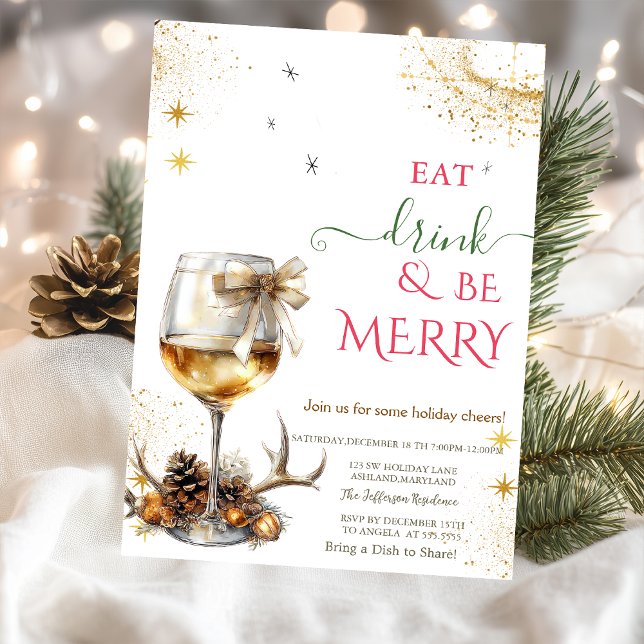 Eat Drink & Be Merry Wine Glass Bow Invitation (Creator Uploaded)