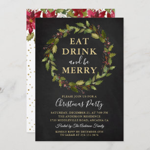 Eat Drink Be Merry Wreath Christmas Holiday Party Invitation