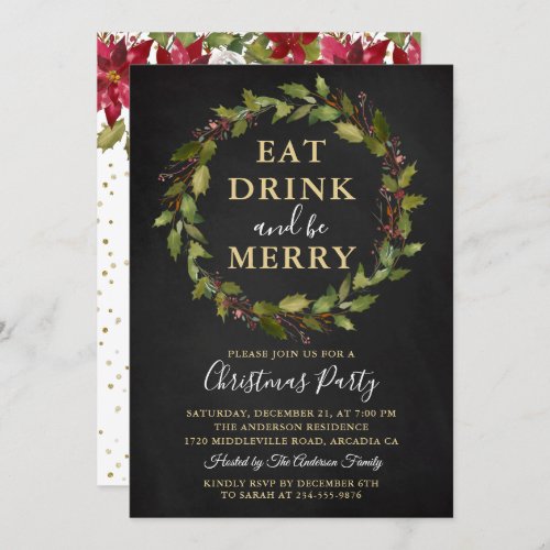 Eat Drink Be Merry Wreath Christmas Holiday Party Invitation