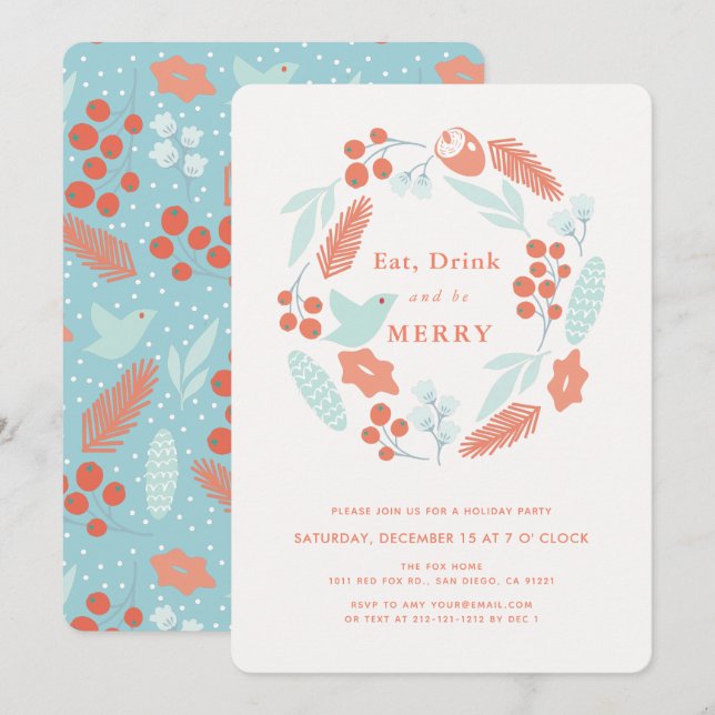 Eat Drink Be Merry Wreath Christmas Holiday Party Invitation (Front/Back)