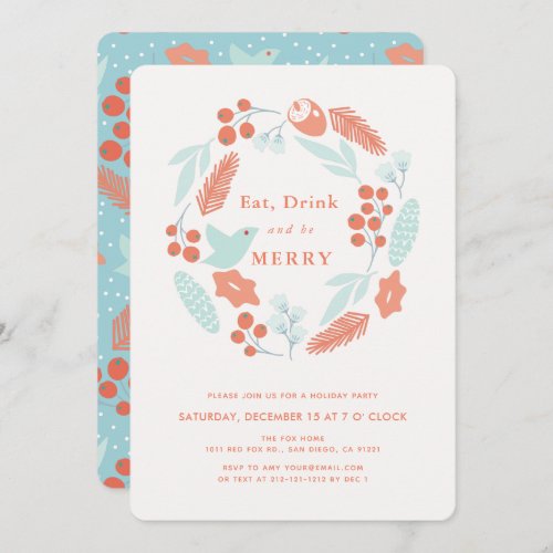 Eat Drink Be Merry Wreath Christmas Holiday Party Invitation