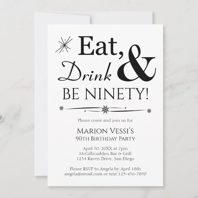 Eat Drink Be Ninety Black White 90th Birthday Invitation (Front)