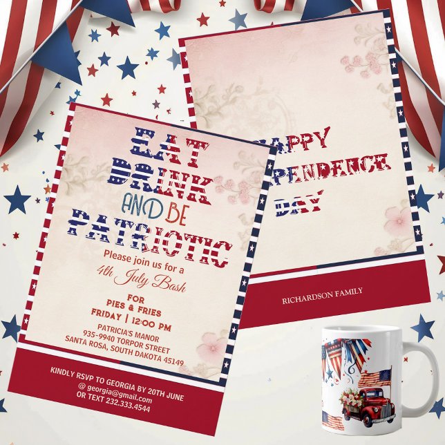 Eat Drink & Be Patriotic 4th July Bash Shabby Chic Invitation (Eat Drink & Be Patriotic 4th July Bash Shabby Chic Invitation)