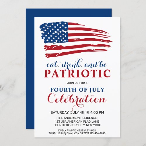 Eat Drink Be Patriotic USA Flag 4th Of July Party  Invitation - USA American Flag 4th of July Party Invitations. Invite friends and family to your patriotic fourth of July celebration with these modern American Flag invitations. Personalize this american flag invitation with your event, name, and party details.
See our collection for matching patriotic 4th of July gifts ,party favors, and supplies. COPYRIGHT © 2021 Judy Burrows, Black Dog Art - All Rights Reserved. 4th Of July Party Patriotic American Flag Invitation
