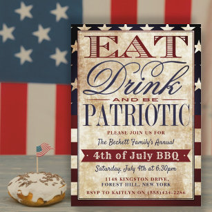 Eat, Drink & Be Patriotic Vintage 4th Of July Invitation