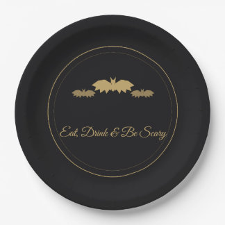 Eat, Drink & Be Scary Gold Bats Halloween Paper Plates
