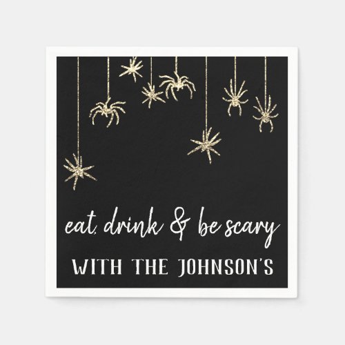 Eat Drink Be Scary Gold Hanging Spiders Halloween Napkins