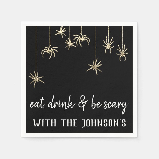 Eat Drink Be Scary Gold Hanging Spiders Halloween Napkins (Front)