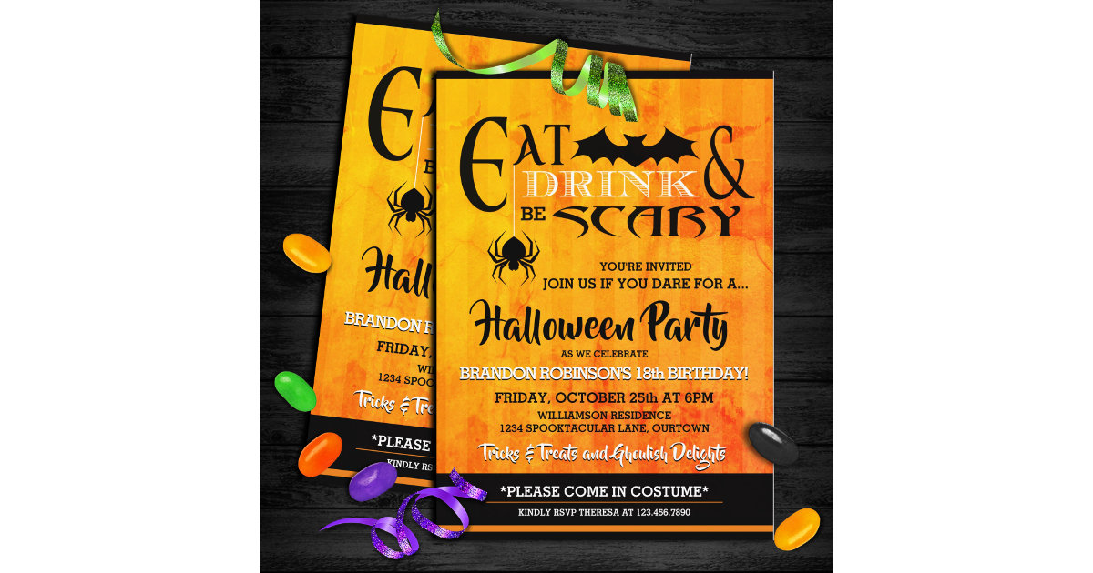Eat/Drink/Be Scary Halloween Birthday Party Invitation | Zazzle