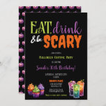Eat, Drink & Be Scary Halloween Birthday Party Invitation<br><div class="desc">Celebrate a birthday milestone with this spooky Eat,  Drink & Be Scary Halloween Birthday Party Invitation!  Featuring retro neon colors and graphics on a black background for a vintage vibe.  Back page is optional and tiled with purple jack-o-lanterns.</div>