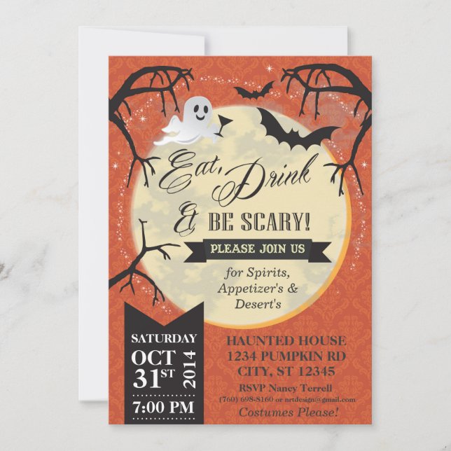 Eat, Drink & Be Scary Halloween Invite - Orange (Front)