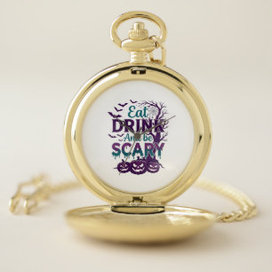 Eat Drink Be Scary Halloween Spooky Tree Pumpkins_ Pocket Watch