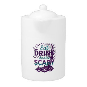 Eat Drink Be Scary Halloween Spooky Tree Pumpkins_ Teapot