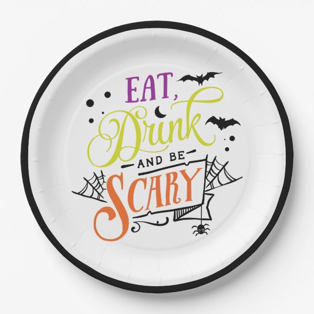 Eat, Drink & Be Scary Halloween Typography  Paper Plates (Front)