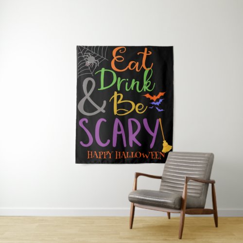 Eat Drink  Be Scary Night Spiders Bats Halloween Tapestry