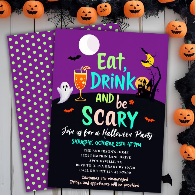 Eat Drink & Be Scary Retro Colors Halloween Party Invitation (Eat Drink & Be Scary Retro Colors Halloween Party Invitation)