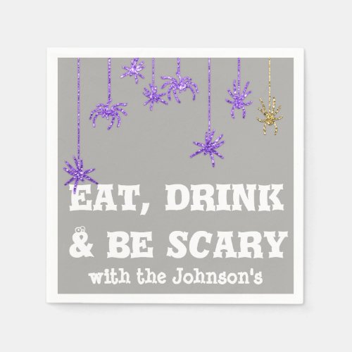 Eat Drink Be Scary Spider Halloween Gray Gold Napkins