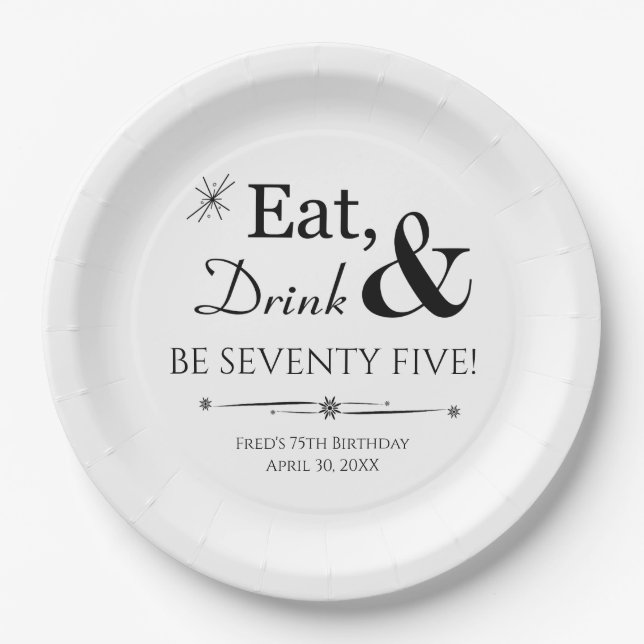 Eat Drink & Be Seventy Five Retro 75th Birthday Paper Plates (Front)