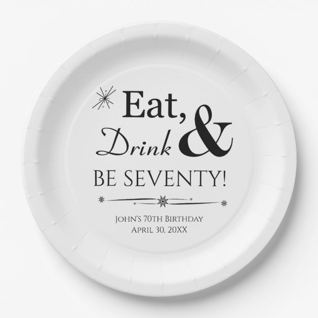 Eat Drink & Be Seventy Retro 70th Birthday Paper Plates (Front)