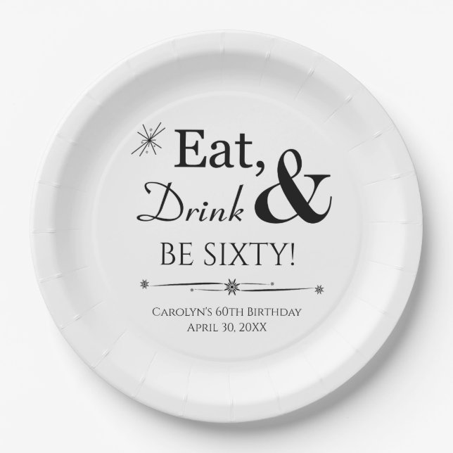 Eat Drink & Be Sixty Retro 60th Birthday Paper Plates (Front)