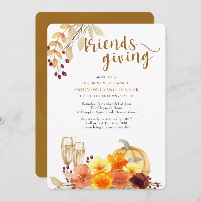 Eat Drink be Thankful Autumn Flowers Friendsgiving Invitation