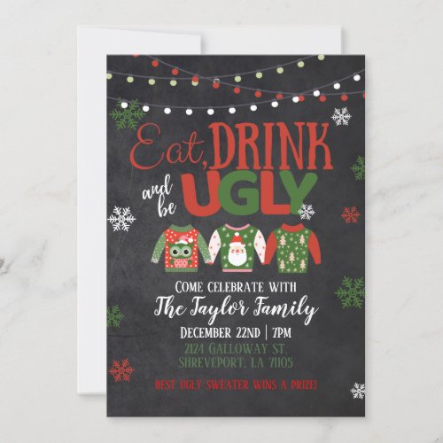 Eat Drink  Be Ugly Christmas Party Invitation