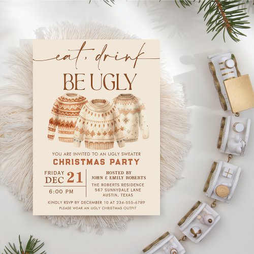 Eat Drink Be Ugly Sweater Christmas Holiday Party Invitation