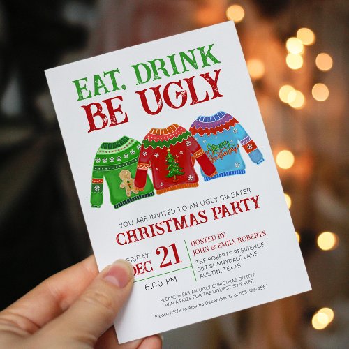 Eat Drink Be Ugly Tacky Ugly Sweater Christmas Invitation