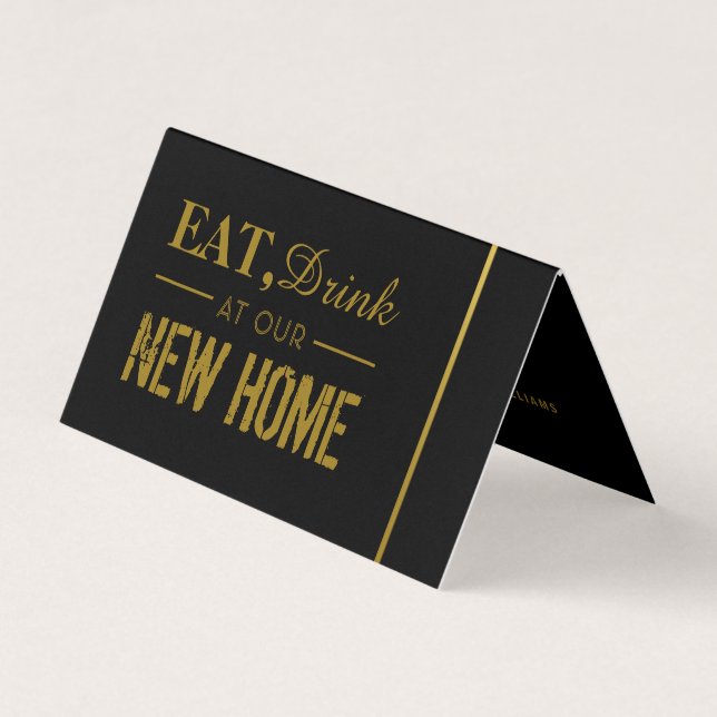 Eat Drink, Black & Gold Change of Address Card (Front)