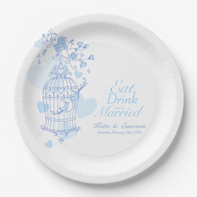 Eat drink custom blue birds cage wedding paper plates (Front)