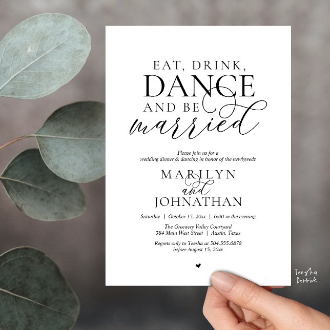 Eat, Drink, Dance, Be Married, Wedding Elopement Invitation (Eat, Drink, Dance, Be Married, Wedding Elopement Dinner Party Invitation Card in Black and White)