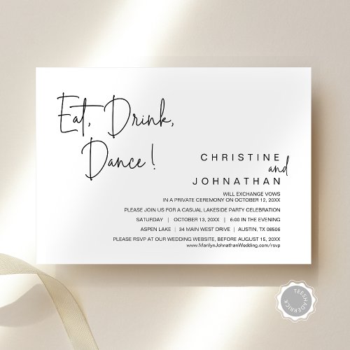 Eat Drink Dance Casual Wedding Elopement Party Invitation