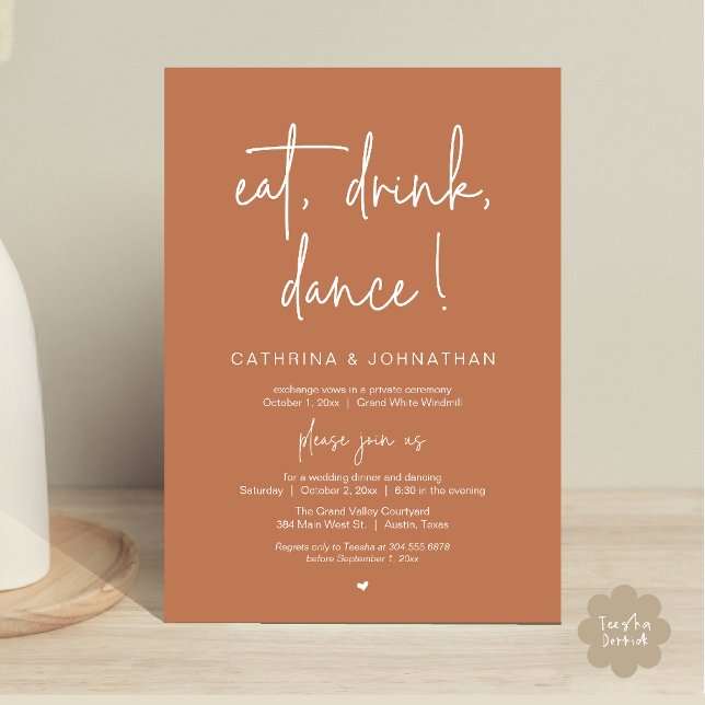 Eat, Drink, Dance, Elegant Copper Brown Elopement Invitation (Eat, Drink, Dance Elegant Wedding Elopement Dinner Invitation Card in Copper Brown Terracotta)