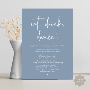 Eat, Drink, Dance, Elegant Dusty Blue Elopement Invitation