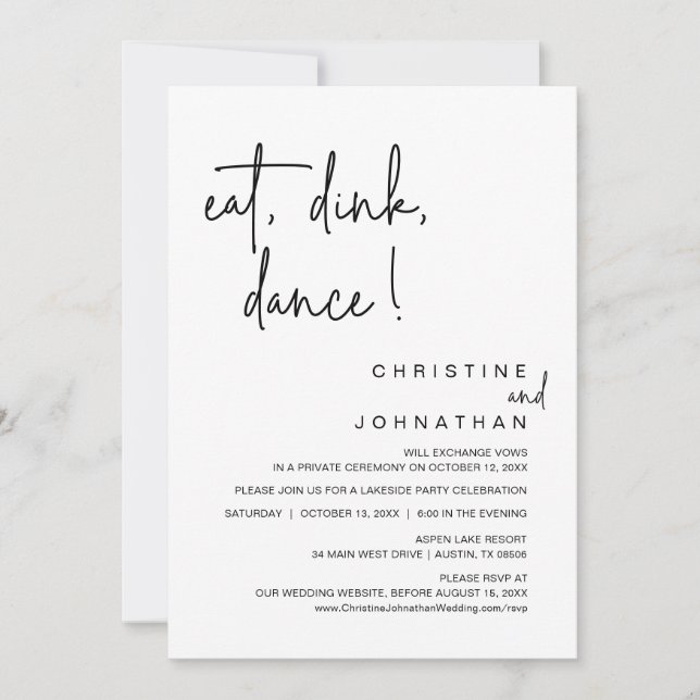 Eat, Drink, Dance, Wedding Elopement Dinner Invitation (Front)